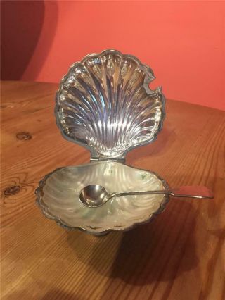 Vintage Epns Silver Plated Condiment Bowl Shell Shaped With Glass Liner & Spoon