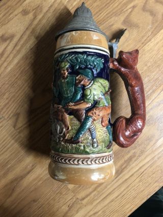 Vintage German Gerz Beer Stein Boar Hunting Scene Fox Handle