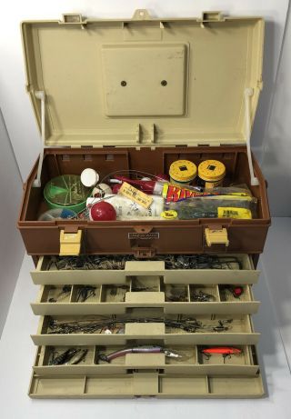 Vintage Plano 757 Tackle Box Full Of Fishing Lures And Tackle Made In Usa