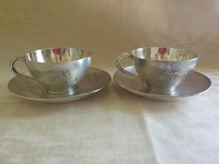 2 - Derby Silver Plate Co.  Floral Etched Quadruple Silver Plate Cups & Saucers