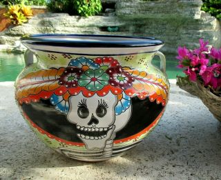 Mexican Talavera Pottery Garden Bean Pot Flower Planter Catrina Day Of Dead 18 "