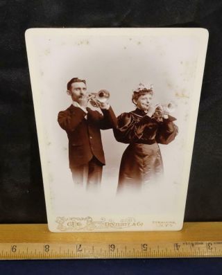 Cabinet Card Photograph Photo 2 Cornet Trumpet Players Occupational Man Woman