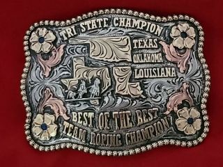 Vintage Rodeo Trophy Belt Buckle Tx,  La,  Ok,  Tri State Calf Roping Champion 354