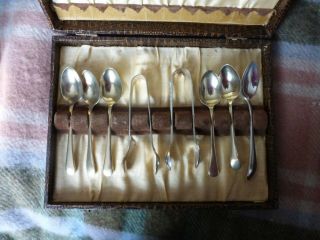 6 Antique Silver Plated Tea Spoons,  2 Epns Sugar Tongs In A Presentation Box