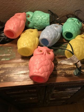 Vintage Noma String Of 7 Blow Mold Plastic Owls Patio Rv Camping Lights Set