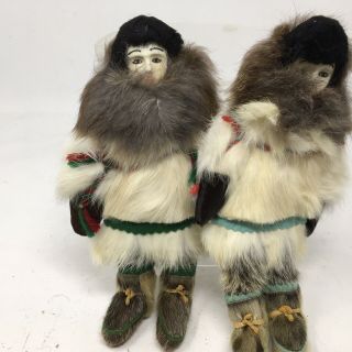 2 Alaskan Inuit Eskimo Dolls Leather Skin & Fur Bone Native Made Male And Female