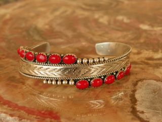 Signed Navajo Russell Sam Sterling Silver & Coral Cuff Bracelet - 32 Grams
