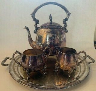 Vintage - Antique Silver Plated 4 Piece Tea Set - Teapot,  Sugar Bowl,  Creamer,  Tray