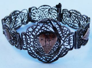 Antique Middle Eastern Islamic Solid Silver Filigree And Gold Bracelet C1930