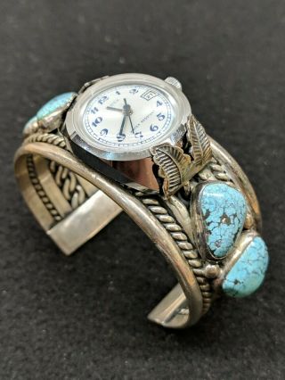 Native American Navajo Turquoise Sterling Silver Chunky Watch Cuff - Timex Ladies