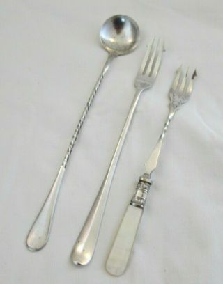 2 Vintage Silver Plated Pickle Forks And Long Spoon