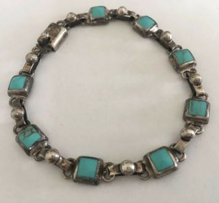 Vintage Sterling Silver Mexico Turquoise Inlay Link Bracelet 7.  75”