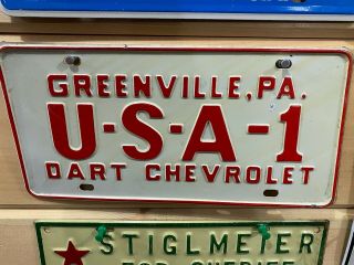 Vintage Chevrolet U - S - A - 1 Dart Greenville Pa Dealer Booster License Plate Usa1