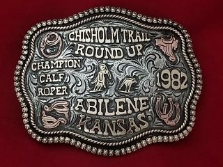 1982 Rodeo Trophy Belt Buckle Abilene Kansas Calf Roping Champion Vintage 524