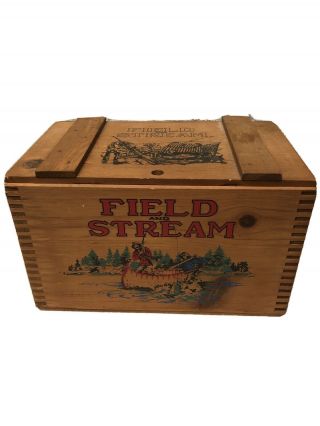 Vintage Real Wood Field And Stream Fishing Chest Tote Box Case 16”w X 10”hx10”d