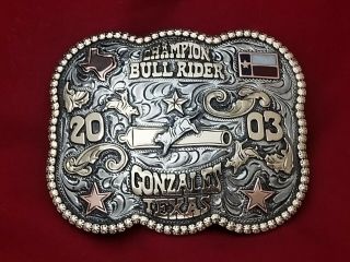 2003 Rodeo Trophy Belt Buckle Gonzales Texas Bull Riding Champion Vintage 107