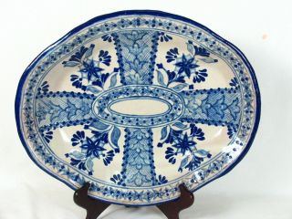 Talavera De La Reyna Pottery Large Glazed Ceramic Hand Painted Blue Bowl