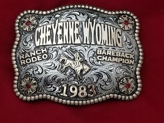 1983 Rodeo Trophy Belt Buckle Cheyenne Wyoming Bronc Riding Champion Vintage157
