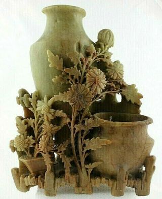 Soapstone Floral Sculptured Double Vase Hand Carved Early 20th Century Chinese