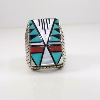 Vtg Ray Jack Native American Sterling Silver Turquoise Mp Inlay Ring Sz 8.  5 Lfk3