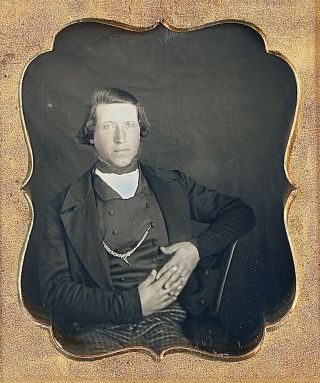 Bearded Light Eyed Man Relaxed Pose Clasped Hands 1/6 Plate Daguerreotype F482