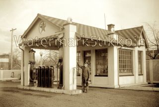 1920s Photo Negative Gas Station Visible Pump Texaco Service Attendant Garage