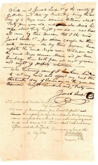 1840 Ky Deed Of Emancipation Manumission Of Man And Wife