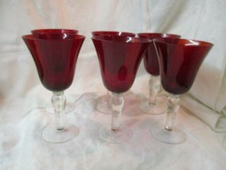 Vintage 6 Ruby Red Hand Blown Large Goblets Wine Glasses Bulb Stem