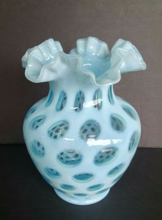 Vintage 8.  5 " Blue Fenton Glass Vase - Crimped Ruffled Rim,  Coin Dot Opalescent