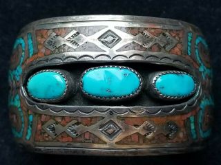 Navajo Sterling Silver Turquoise Shadowbox Inlay Cuff Bracelet 65.  6 Grams