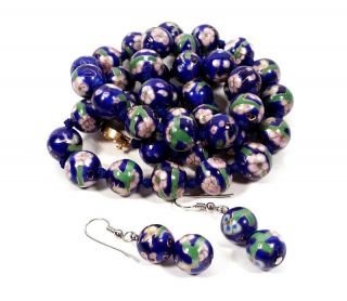 Vintage Chinese Necklace Ornate Clasp Cobalt Blue Porcelain Beads W/ Earrings