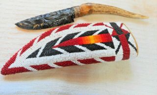 Beaded Native American Knife Sheath,  Brain Tan Hide,  Apache With Obsidian Knife