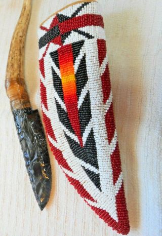 Beaded Native American knife sheath,  brain tan hide,  Apache with obsidian knife 3