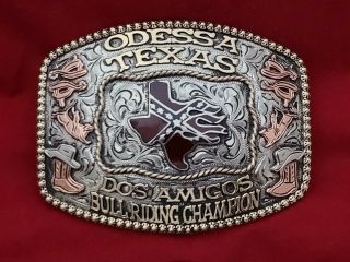 Vintage Rodeo Trophy Buckle Odessa Texas Dos Amigos Bull Riding Champion 698