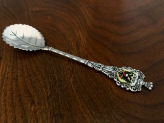 - German 800 Silver And Enamel Souvenir Spoon For Lubeck: Leaf - Shaped Bowl
