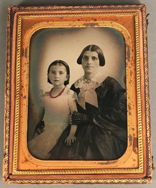 1/4 Plate Ambrotype Of Mother And Daughter With Red Coral Necklace,  Half Case