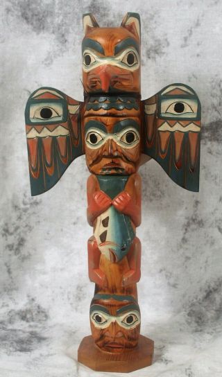 Tall 16.  5 " Hand Carved Totem Pole Signed Patrick Seale Eagle Boy Alaska Inuit
