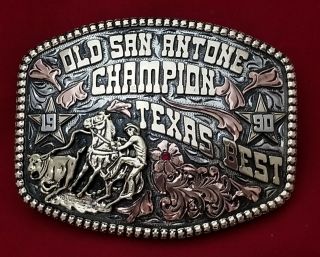 1990 Rodeo Trophy Belt Buckle Old San Antone Calf Roping Champion Vintage 544