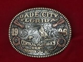 1996 Rodeo Trophy Belt Buckle Dade City Florida Calf Roping Champion Vintage 617