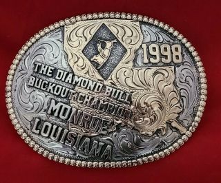 1998 Vintage Rodeo Trophy Belt Buckle ☆ Monroe Louisiana Bull Rider Champion 874