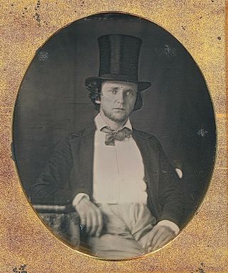 Light Eyed Gentleman With Beard Wearing Top Hat 1/6 Plate Daguerreotype F434