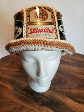 Vintage Handmade Crochet Beer Can Hat - Utica Club Goebel Fischer 