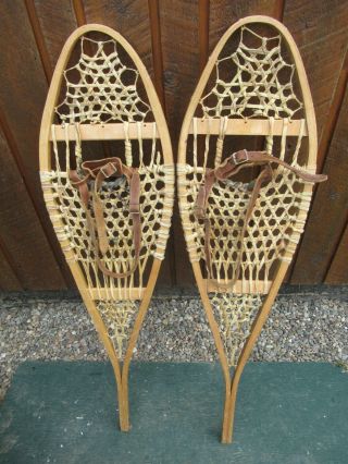 Vintage Snowshoes 43 " Long X 11 " Wide With Leather Bindings Great Shoes