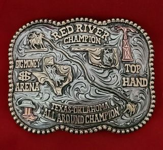Vintage Rodeo Trophy Belt Buckle Texas Oklahoma Red River Calf Roping Champ 357