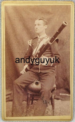 Cdv Soldier Bassoon Musical Instrument Sears Mayfair Antique Victorian Photo