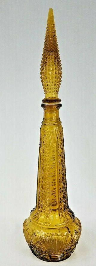 Vintage Amber Glass 18.  5 " Decanter With Pointed Stopper Genie Bottle