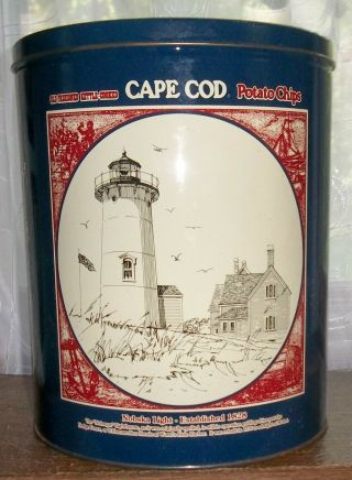 Cape Cod Potato Chips Vintage Collectible Blue Tin Nobska,  Chatham Lighthouses