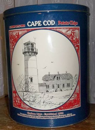Cape Cod Potato Chips Vintage Collectible Blue Tin Nobska,  Chatham Lighthouses 2