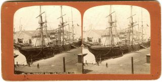 1860s Stereoview San Francisco Army Transport 3 - Masted Sailing Ship Dock Pier 12
