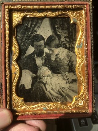 Touching Post - Mortem Cased Ambrotype Parents With Baby